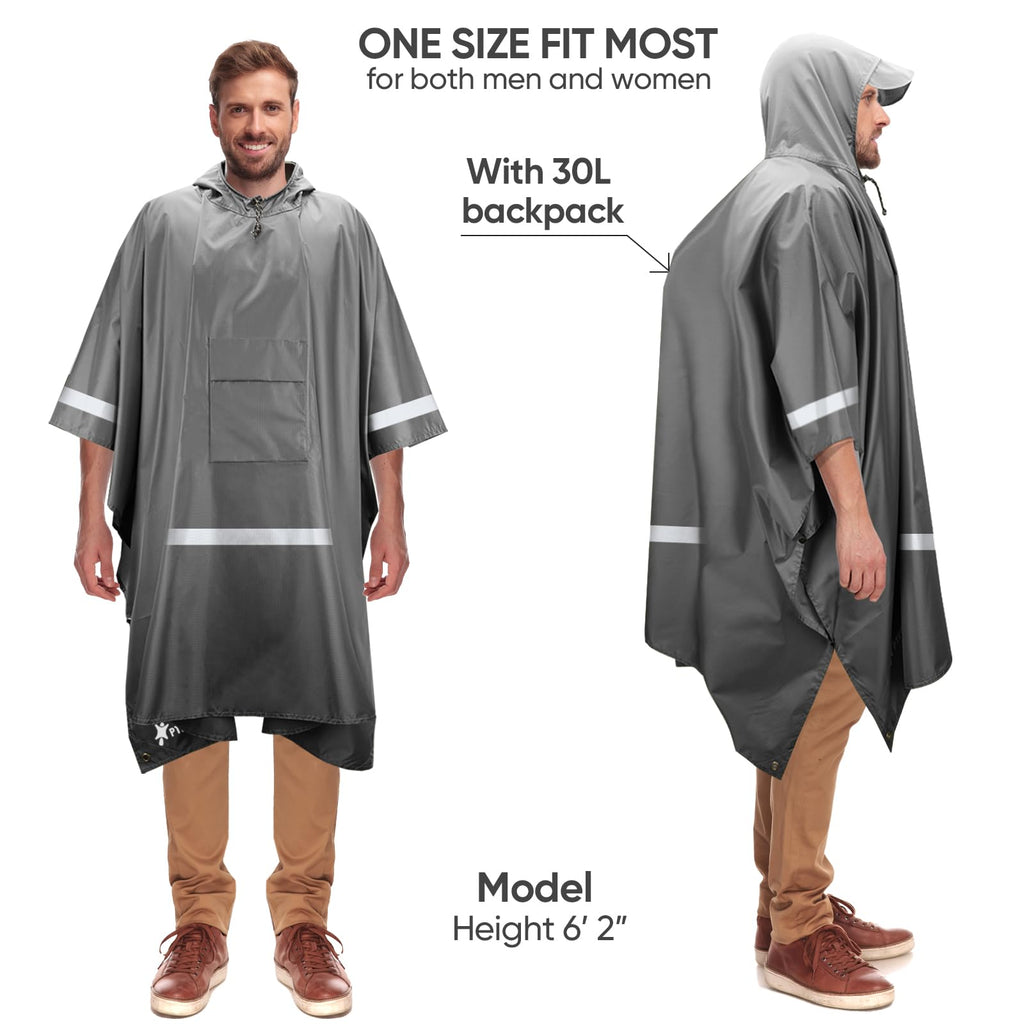 PTEROMY 3-in-1 Hooded Rain Poncho for Adult with Pocket, Waterproof Lightweight Unisex Raincoat for Hiking Camping Emergency