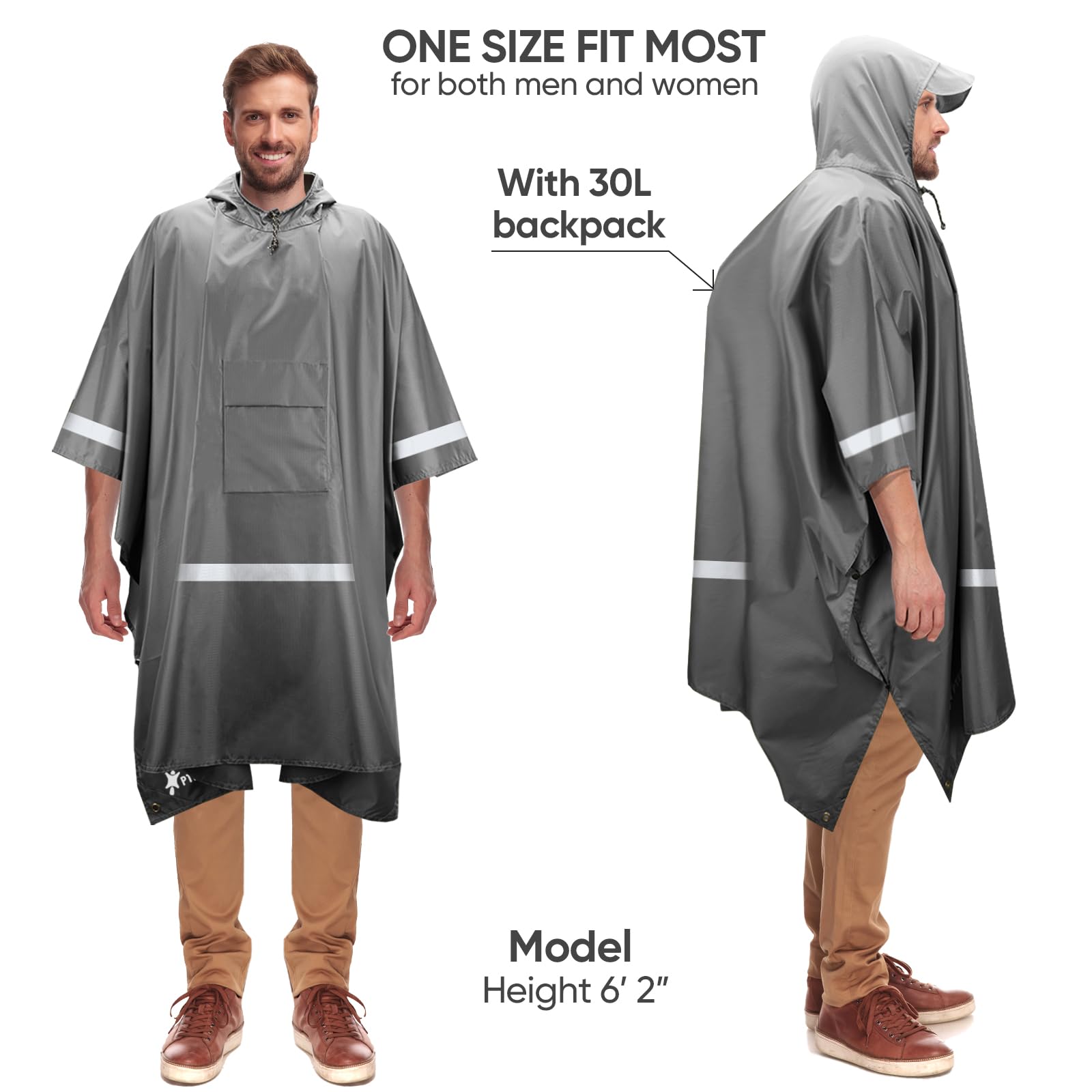 PTEROMY 3-in-1 Hooded Rain Poncho for Adult with Pocket, Waterproof Lightweight Unisex Raincoat for Hiking Camping Emergency