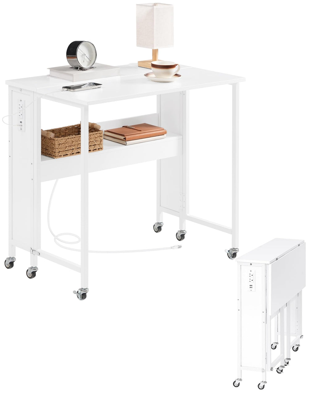 CHOEZON Folding Desk with Power Outlets, 31.5" Rolling Computer Table with Wheels, Portable Office Desk with Storage Shelf for Small Spaces Black TDN01UBB