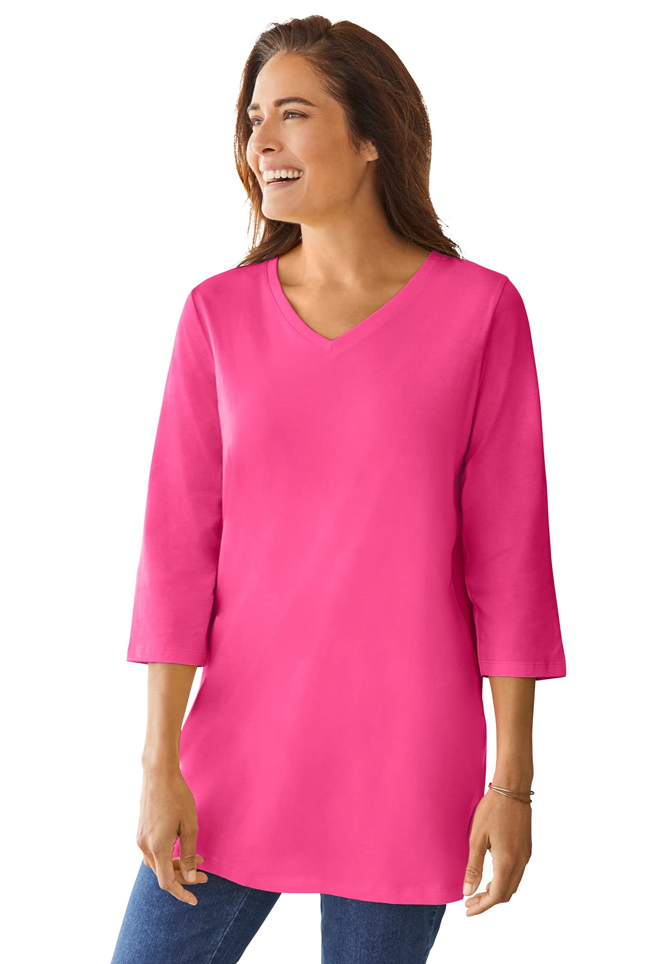 Woman Within Plus Size Perfect Three-Quarter Sleeve V-Neck Tunic