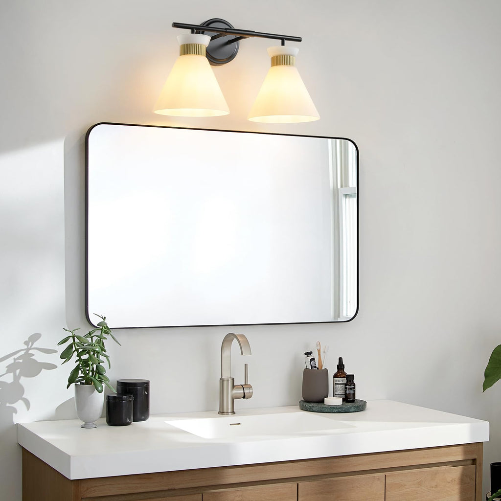 WOSHITU Gold Bathroom Light Fixtures: Modern Vanity Lighting Fixtures 2 Lights for Bathroom Mid Century Vanity Light Sconces Over Mirror with Frosted Milky Glass for Bath Bedroom Makeup