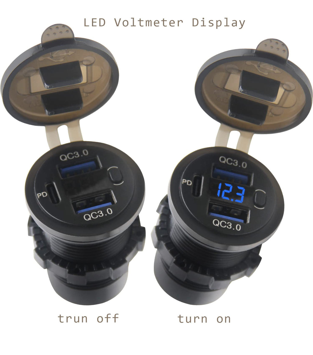 12V USB Outlet, Dual USB C Car Charger Socket & Quick Charge 3.0 Port with Voltmeter and Power Switch for Car Boat Marine Truck