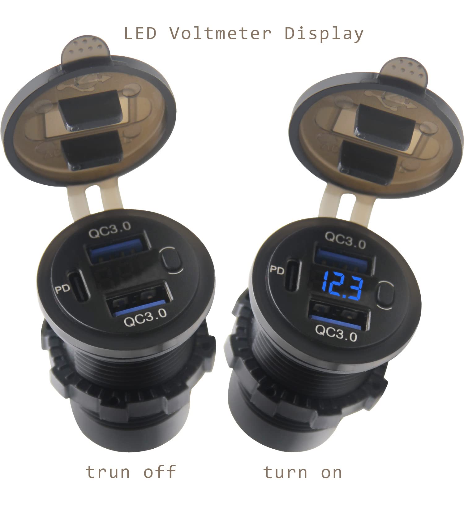 12V USB Outlet, Dual USB C Car Charger Socket & Quick Charge 3.0 Port with Voltmeter and Power Switch for Car Boat Marine Truck