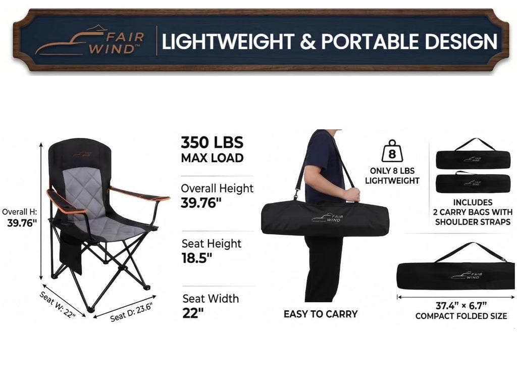 FAIR WIND Oversized Padded Camping Chair 2 Pack 350 LBS Capacity Fully Padded Lawn Quad Chair with Side Pocket & Cup Holder, Heavy Duty Lawn Chair for Outside, Tailgating, Beach, Sports