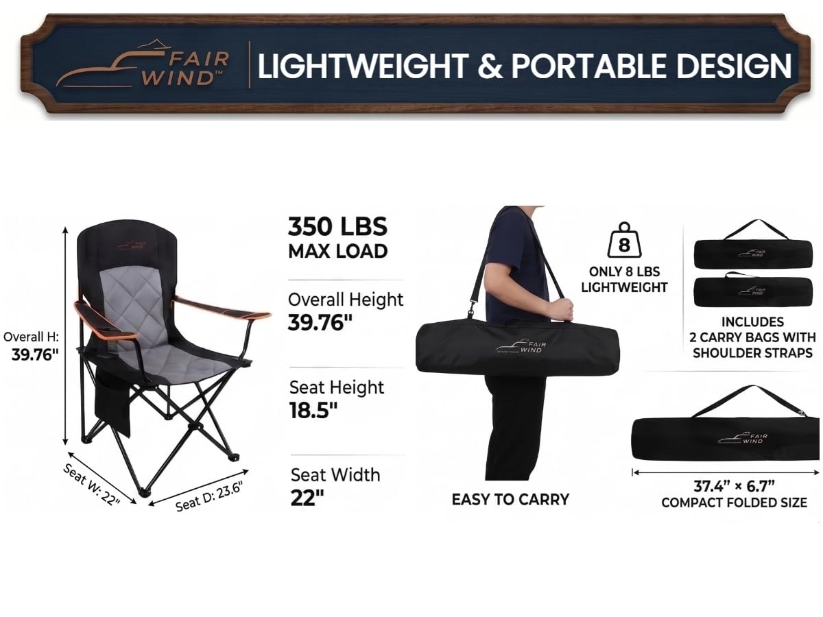 FAIR WIND Oversized Padded Camping Chair 2 Pack 350 LBS Capacity Fully Padded Lawn Quad Chair with Side Pocket & Cup Holder, Heavy Duty Lawn Chair for Outside, Tailgating, Beach, Sports