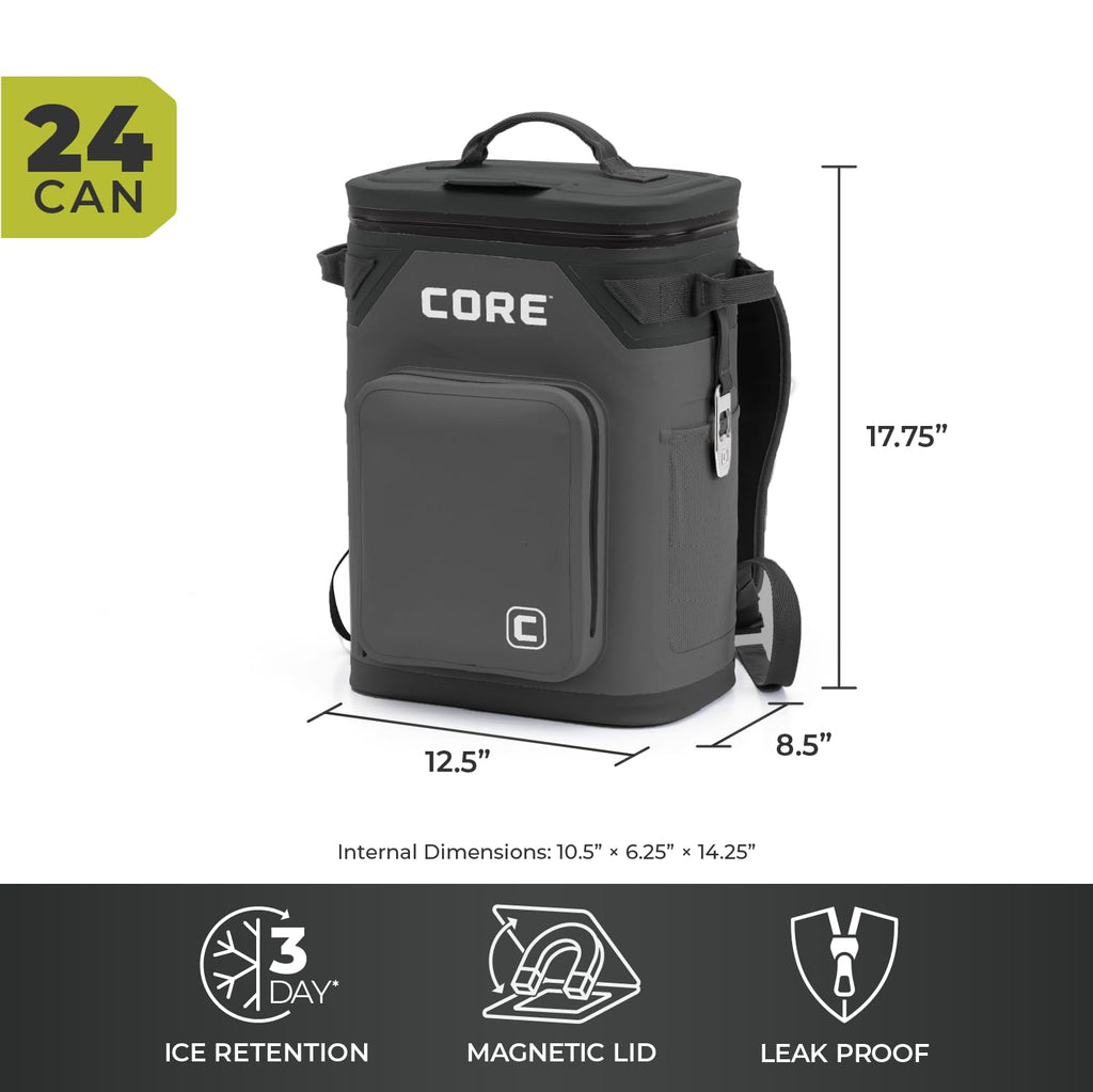 CORE Magnetic Leak Proof Soft Cooler with Waterproof Zipper | Insulated Bag Portable Ice Chest Box | Best Soft Cooler for Food & Beverages for Tailgating, Car Camping, Travel, and Family Beach Picnics