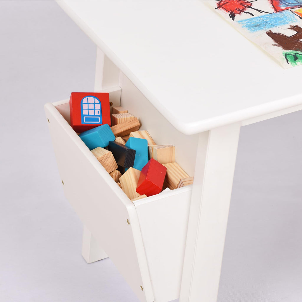 Kids Solid Wood Table and 2 Chair Set with Built-in Storage Cases Children's Storage Table and Chair Set for Toddlers Boys and Girls (Bianca White)