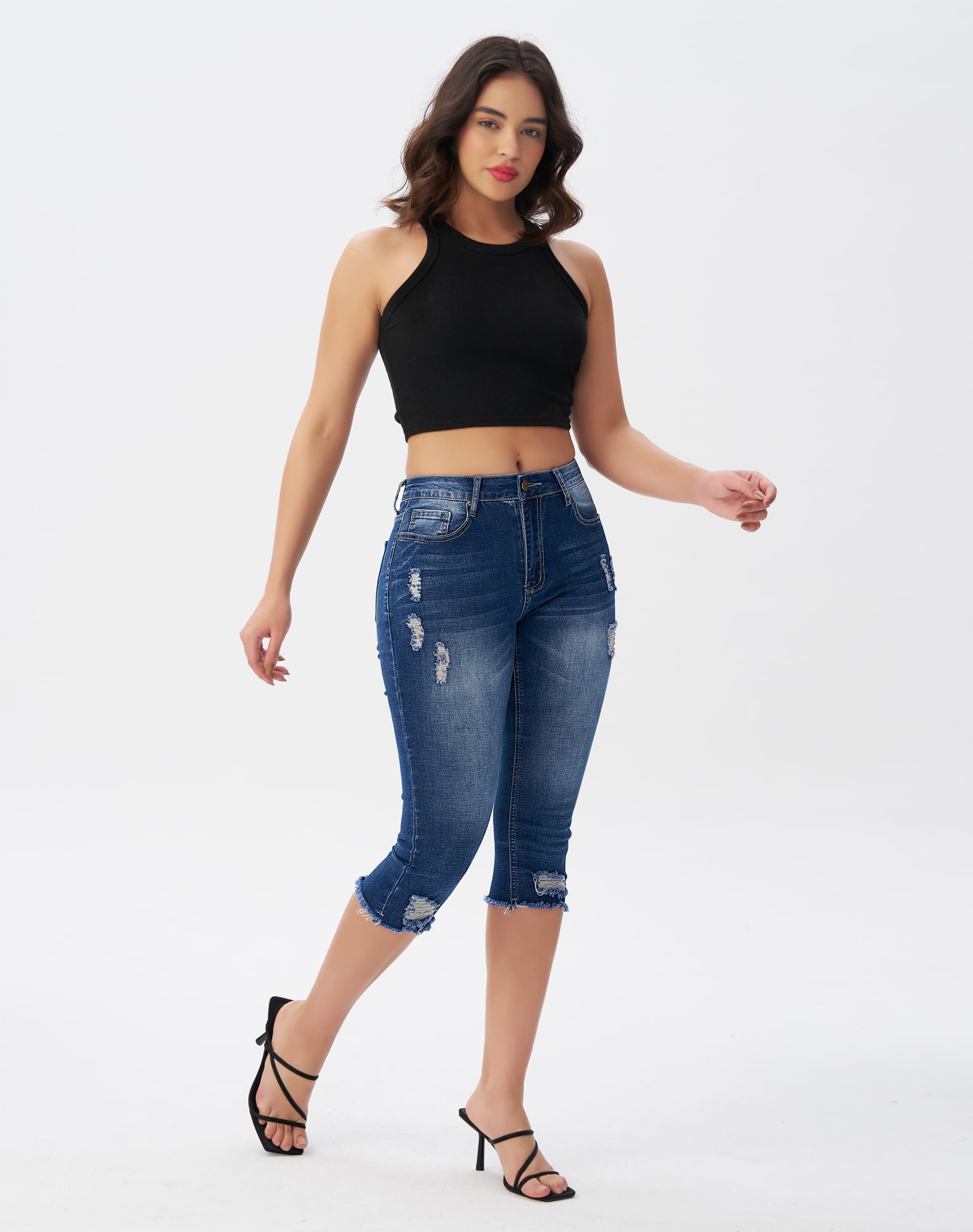 roswear Women's Capri Pants Mid Rise Skinny Ripped Stretchy Cropped Distressed Jeans
