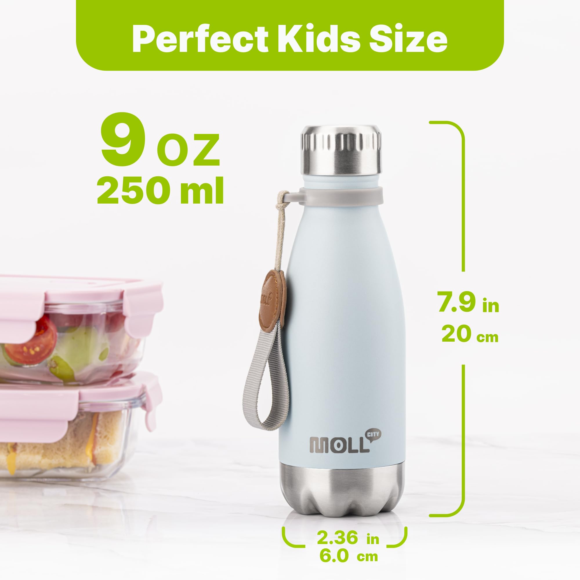 9 oz Water Bottle for Kids-Small Stainless Steel Water Bottle for School Vacuum Insulated Metal Leak Proof Cola Shape Water Flask for Boys Girls(Baby Blue)
