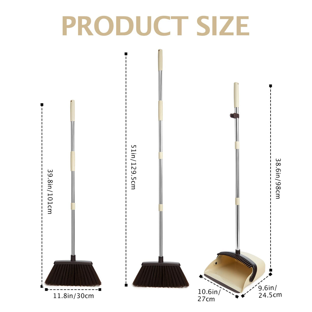 Broom and Dustpan Set with Long Handle, Heavy Dust Broom and Dustpan Combo for Home，Kitchen, Office, Pet Hair(Beige)