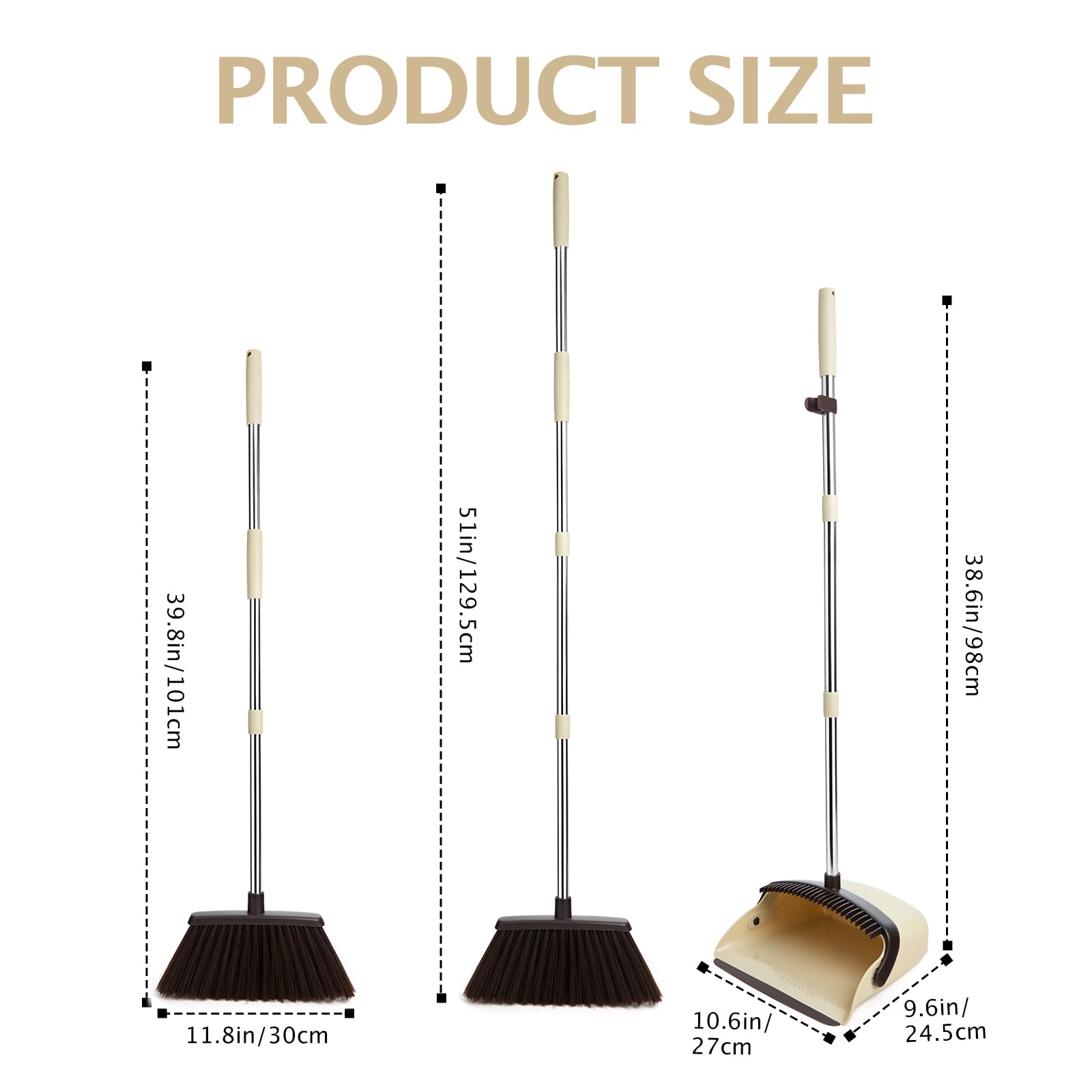 Broom and Dustpan Set with Long Handle, Heavy Dust Broom and Dustpan Combo for Home，Kitchen, Office, Pet Hair(Beige)