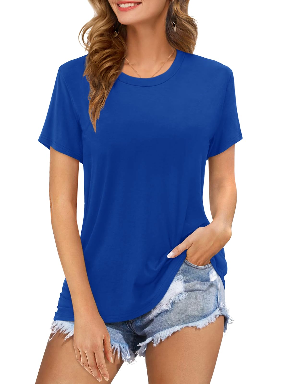 Womens Short Sleeve T Shirts Crewneck Summer Trendy Solid Basic Tee Tops Casual Summer Loose Fit Shirts