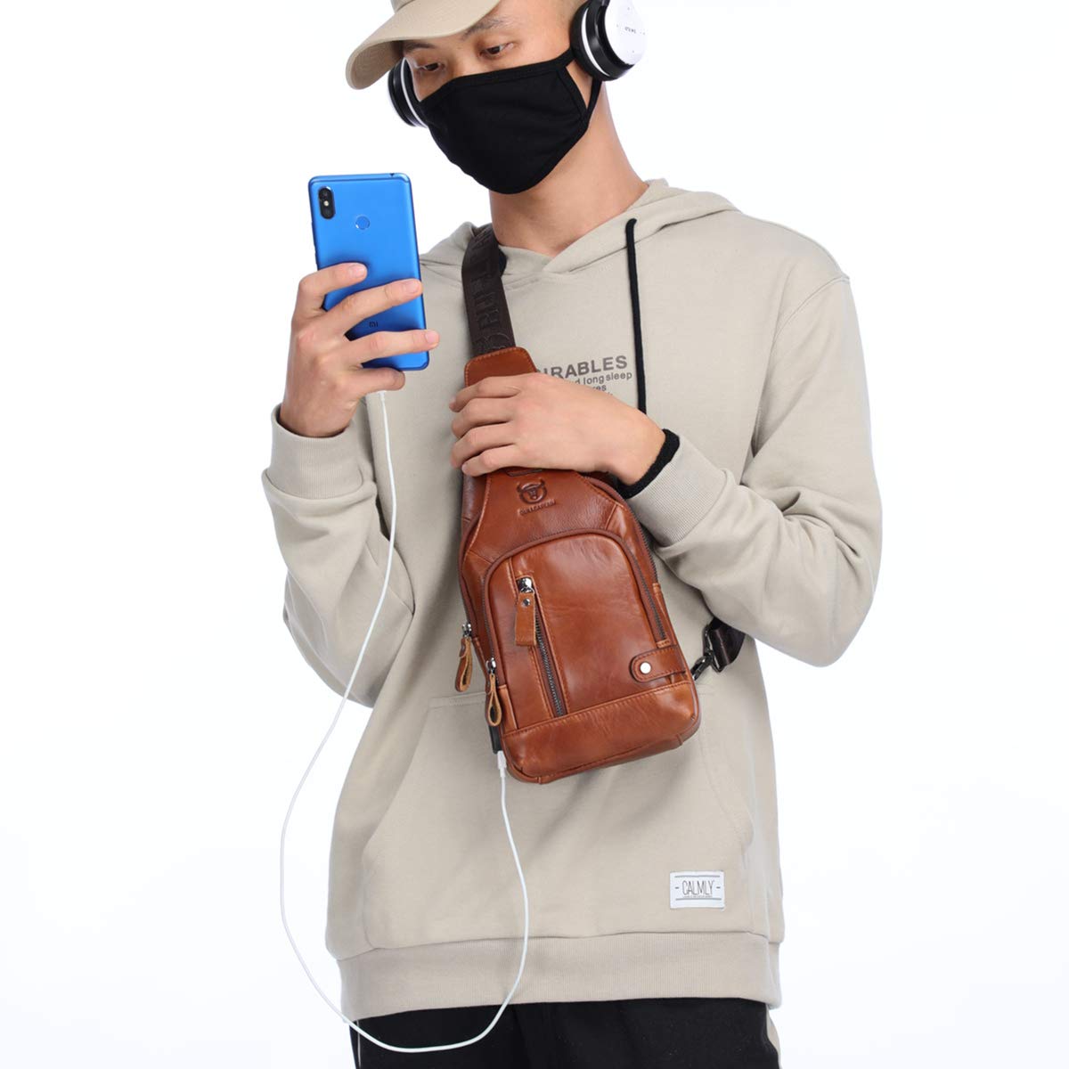 BULLCAPTAIN Genuine Leather Sling Bag for Men XB-129 | USB Charging Port, Multi-pocket, Chest Bag, Hiking Travel Daypack