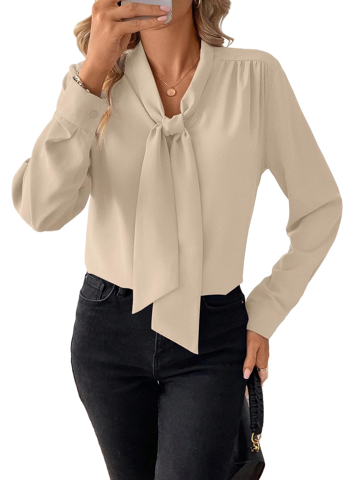Astylish Women's Bow Tie Neck Tops 2026 Long Sleeve Dressy Loose Casual Elegant Business Work Blouses Shirts