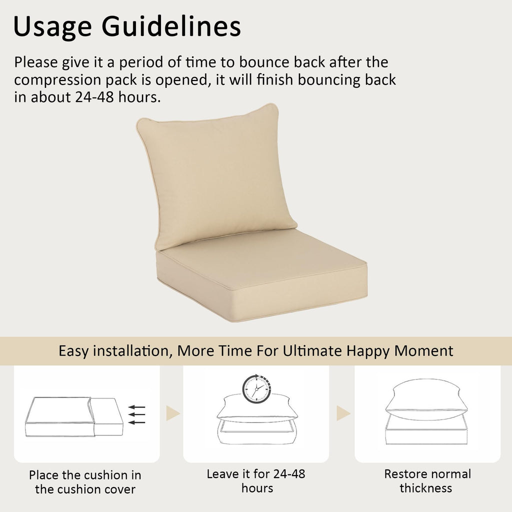 COZYVIDA 5.1" Thick Outdoor Patio Cushions Set of 2, 22"x24"x5.1" Seat, C0 Water-Resistant Breathable Fabric, UV-Resistant 1000+ Hrs, 35D Foam with Recycled Fiber Fill,Beige