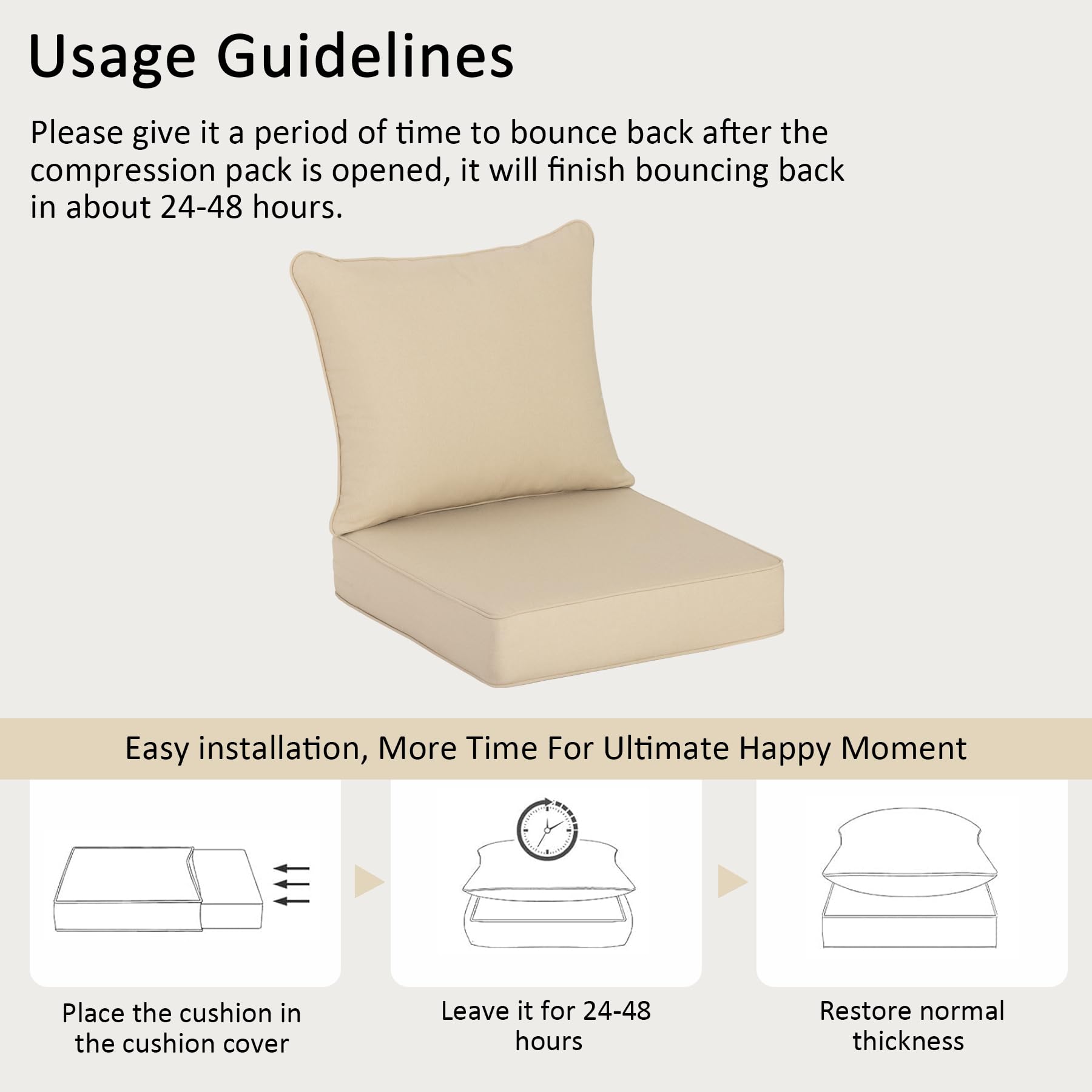 COZYVIDA 5.1" Thick Outdoor Patio Cushions Set of 2, 22"x24"x5.1" Seat, C0 Water-Resistant Breathable Fabric, UV-Resistant 1000+ Hrs, 35D Foam with Recycled Fiber Fill,Beige