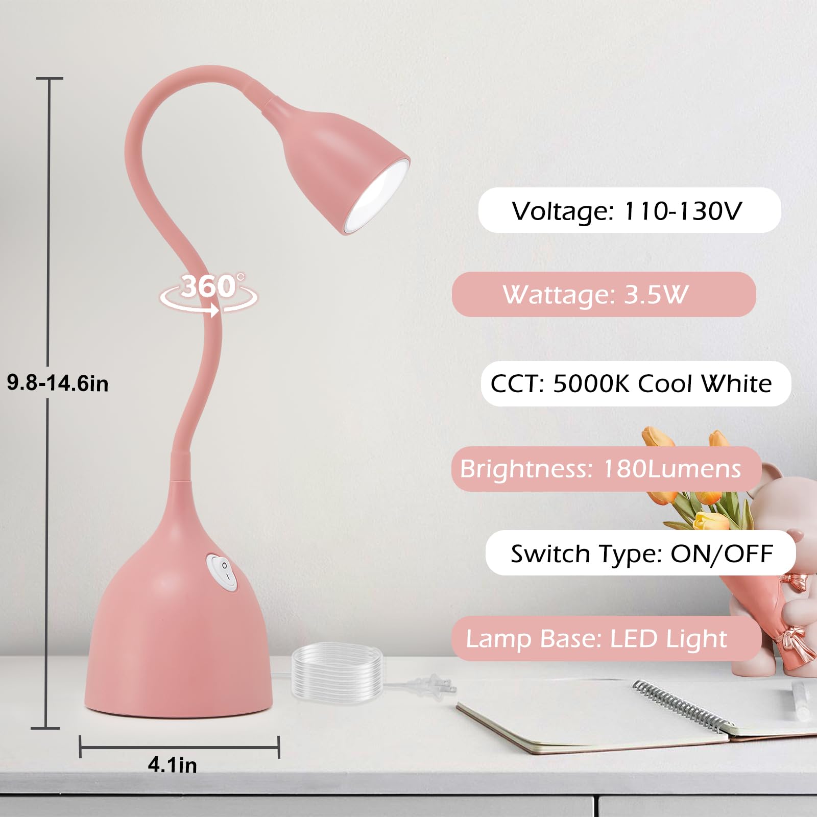 EJIAXIN Gooseneck Desk Lamp 360° LED Flexible Reading Light Small Desk Lamps for Small Spaces Home Office Bedroom College Dorm Desk Bookshelf Nightstand Table Lamp (Purple)
