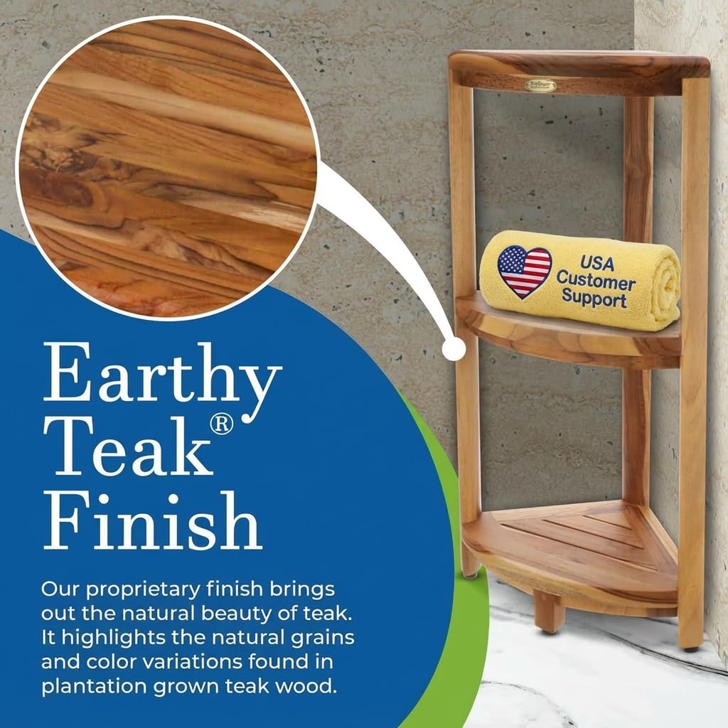 DecoTeak Teak Corner Shower Shelf – 2 Tier Waterproof Bathroom Storage Organizer Compact Wood Storage | Water-Resistant Design | Space Saver for Showers & Small Bathrooms | Shaving Foot Rest