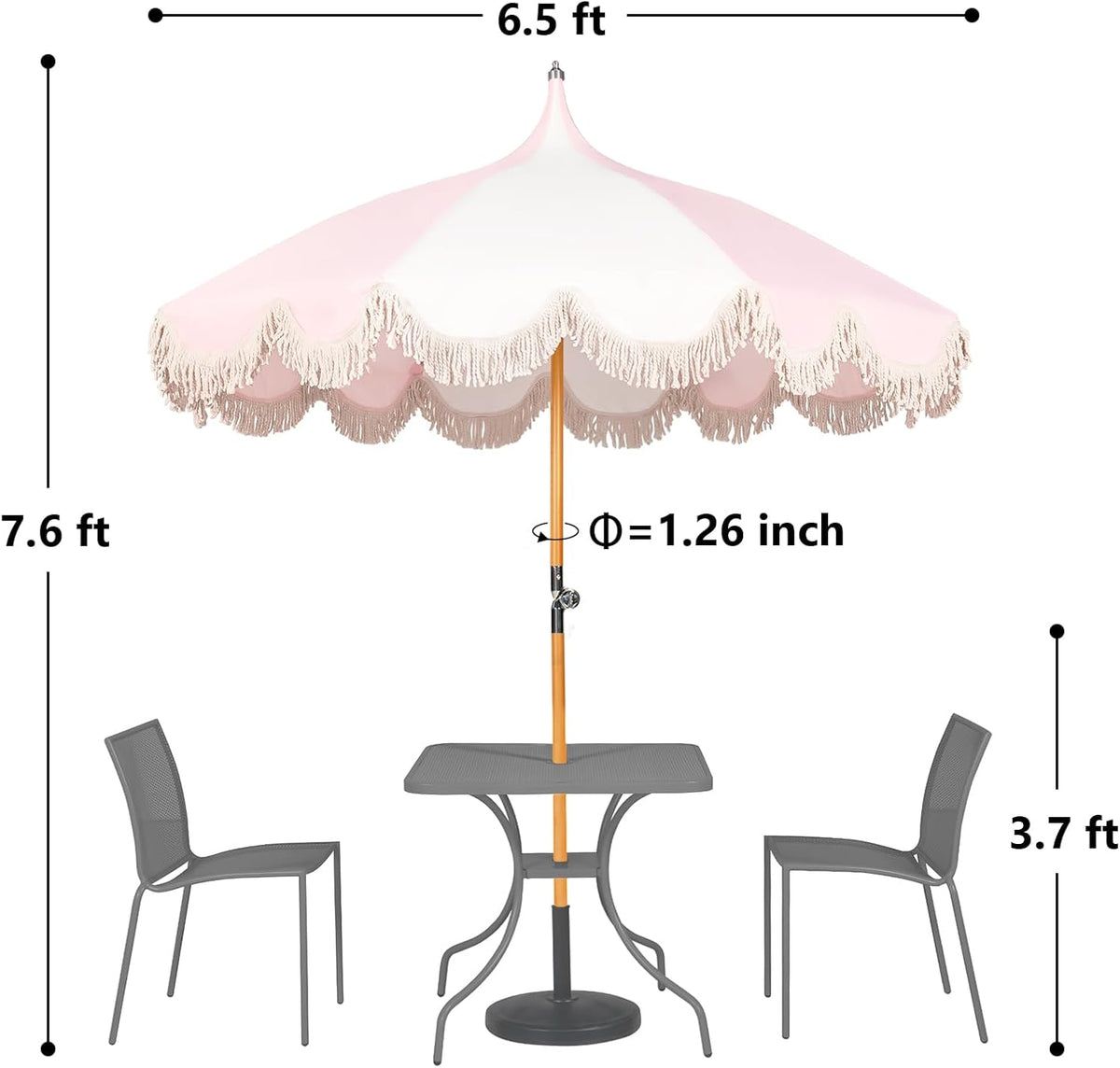 6.5ft Pagoda Beach Umbrella with Fringe, UPF 50+ Boho Umbrellas with Carry Bag, Premium Wood Pole Foldable Tassel Umbrella for Outdoor Garden Lawn Pool Yard Table