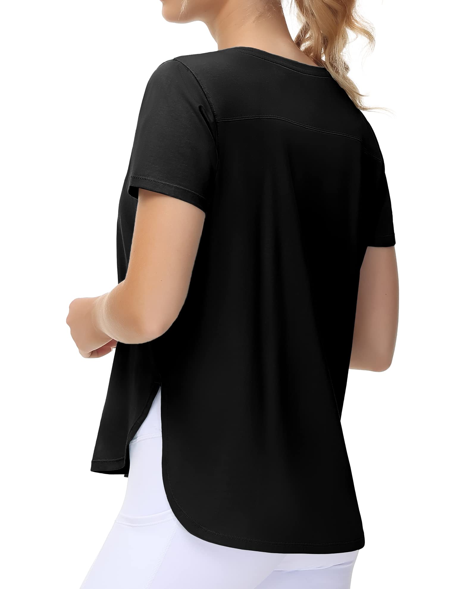 THE GYM PEOPLE Women's Workout T-Shirts Loose Fit Short Sleeve Cotton Running Basic Tee Tops with Split Hem