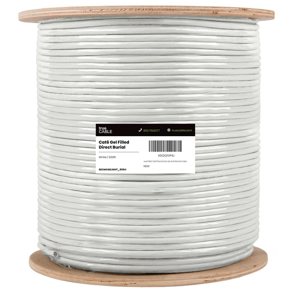 TRUE CABLE Cat6 Direct Burial Bulk Ethernet, Gel Filled, Unshielded, 500ft, Black, Outdoor OSP Jacket, Waterproof, UV Resistant, 23AWG Solid Bare Copper, 550MHz, PoE++ (4PPoE)