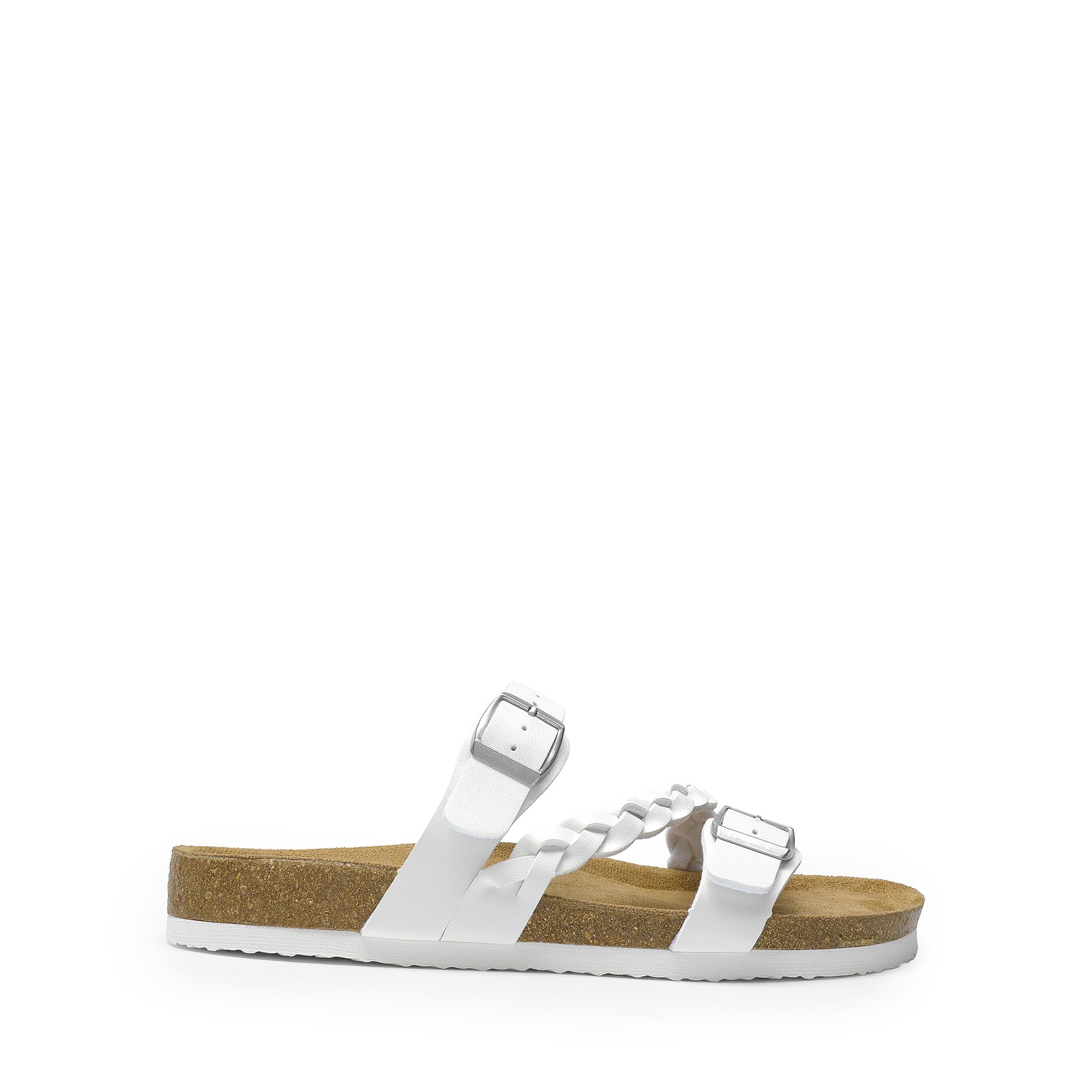 DREAM PAIRS Women's Slides Soft Cork Footbed Sandals Comfortable Walking Slip-on Flat Sandals Arch Support Adjustable Buckle Braided Straps Slippers