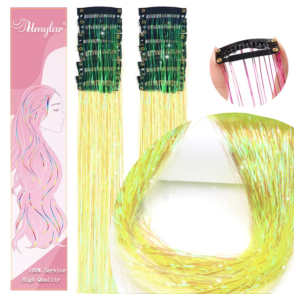 Clip in Hair Tinsel, Pack of 12 Pcs 20 Inch,Glitter Tinsel Hair Extensions, Festival Tinsel Fairy Hair Extension Party Dazzle Hair Accessories Strands Kit for Women Girls(12Pcs,Black#)
