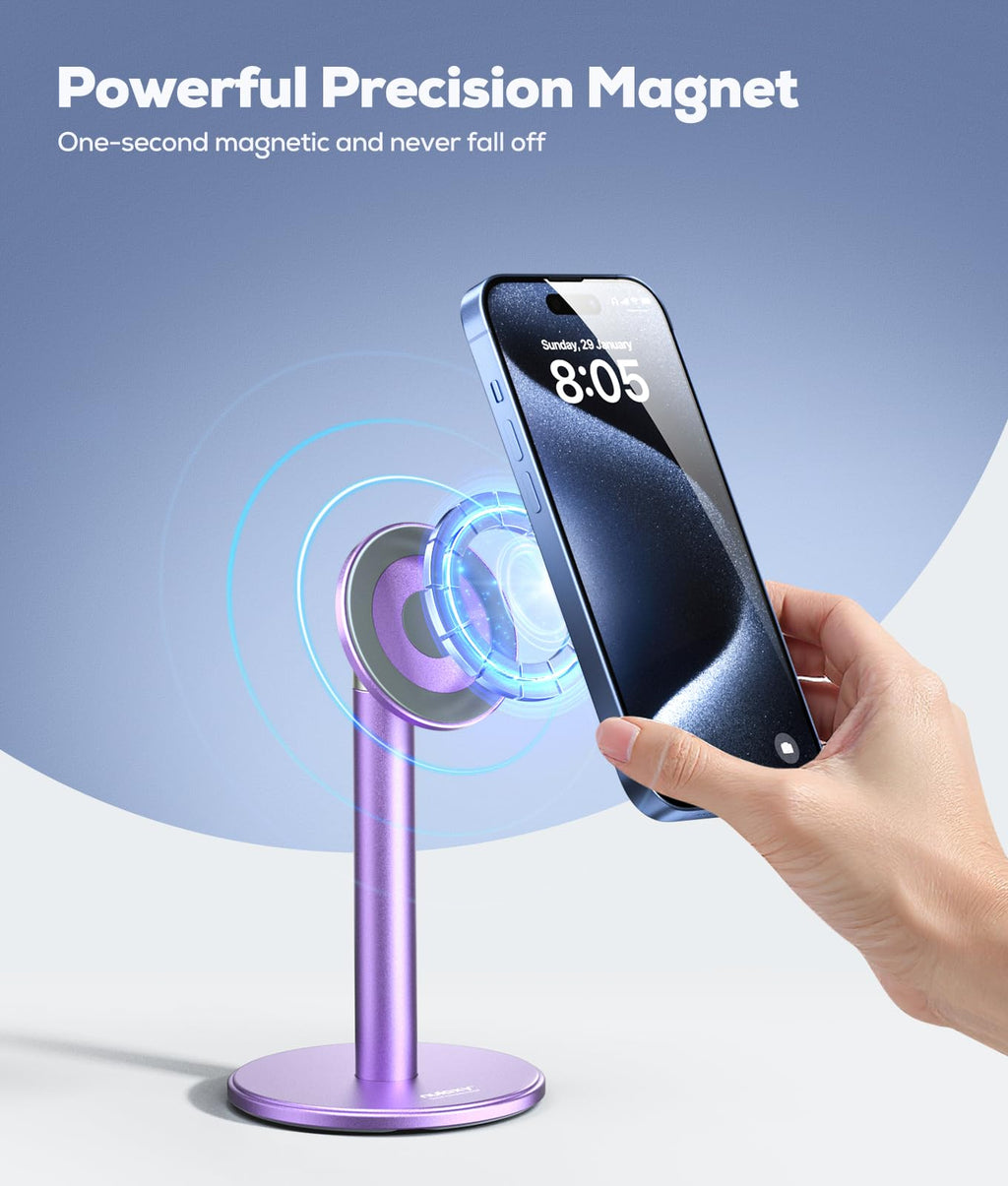 Nulaxy Magnetic Full Aluminum Cell Phone Stand for MagSafe with Metal Ring, 360 Rotating Phone Stand for Desk, Office Desk Accessories, Adjustable Phone Holder Compatible with All Phones, Gray