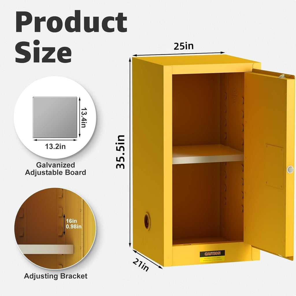 16 Gallon Flammable Storage Cabinet 18"x18"x23", Galvanized Steel, Flammable Safety Cabinet with Adjustable Shelf, for Industrial and Home Use, Yellow