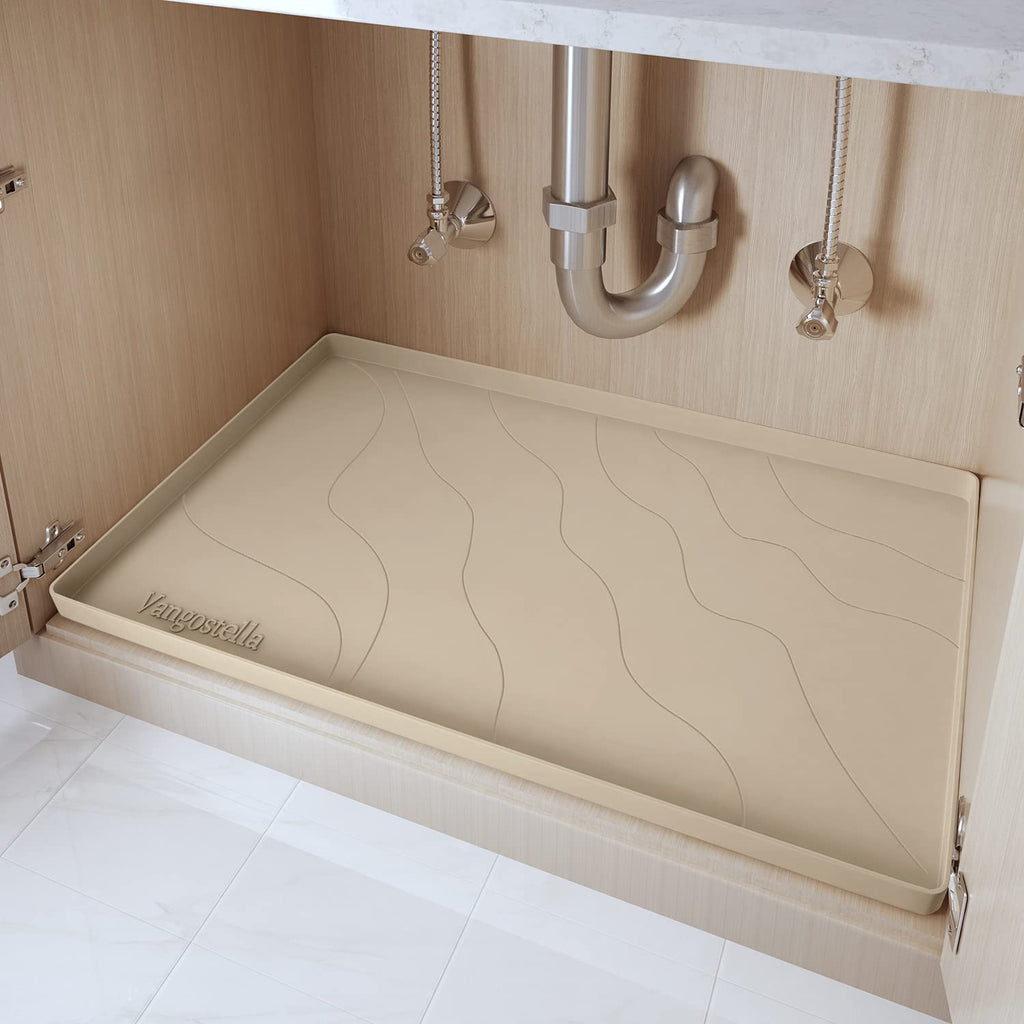 Heavy Duty Silicone Under Sink Mats for Kitchen Waterproof 19" x 19", Extra Thick Under Sink Rubber Mat Drip Tray, Raised Edge Under Sink Liner,Prevent Drips, Leaks, Spills,Beige