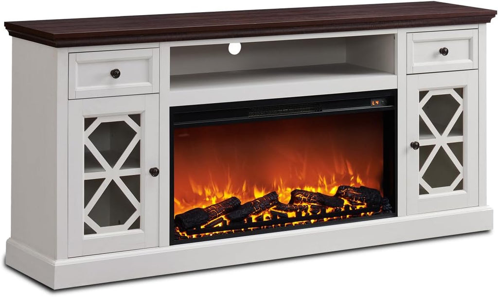 Farmhouse Fireplace TV Stand with 36" Electric Fireplace for 80 Inch TVs, 31" Tall Entertainment Center w/Drawer & Diamond Panel Door, Highboy Media Console for Living Room, 70inch, White