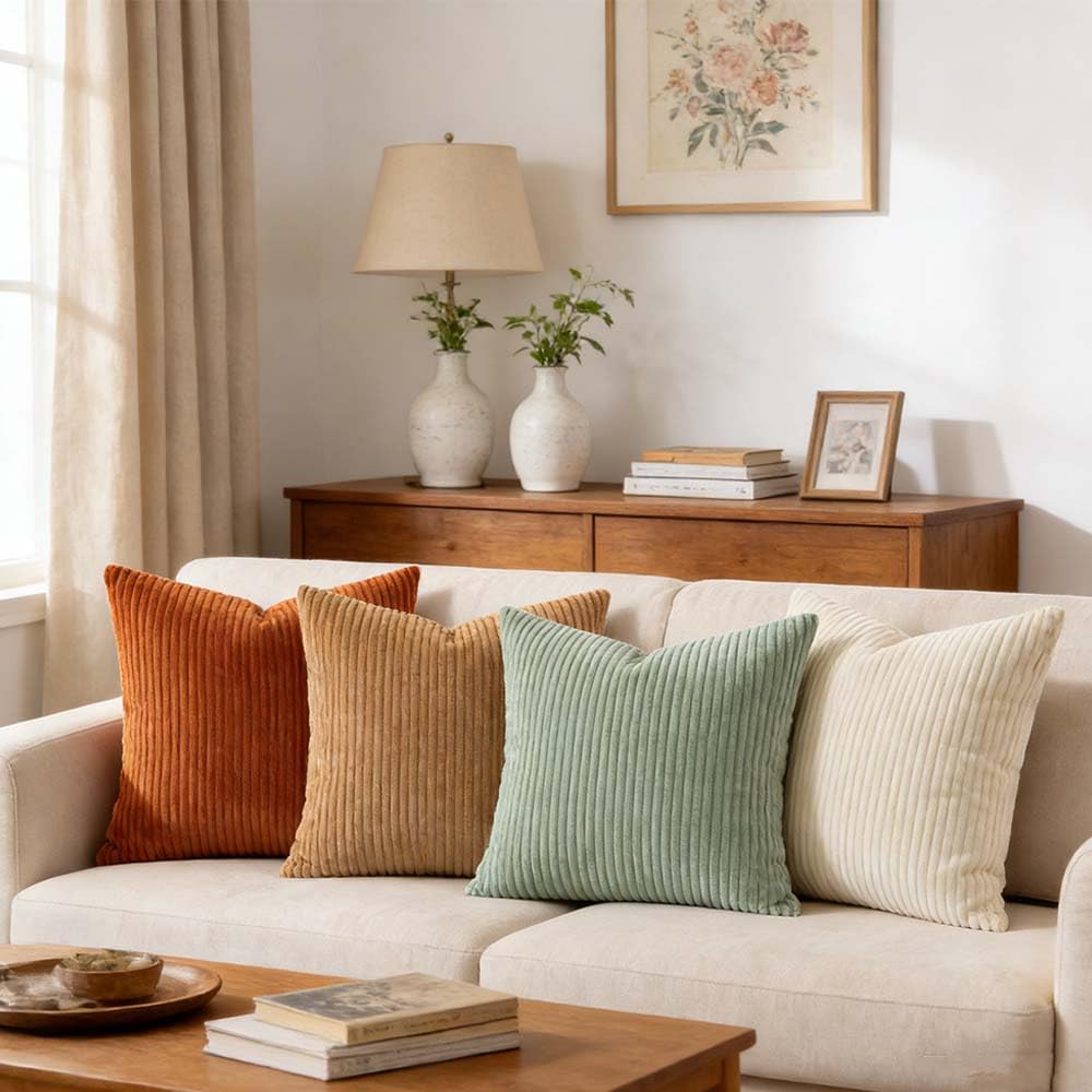 LANANAS Neutral Couch Throw Pillow Covers 18x18 Inch Set of 4 Decorative Farmhouse Boho Throw Pillows for Living Room, Couch, Bed, Sofa Soft Corduroy Accent Home Decor (Blue Ocean, 18x18 Inch)