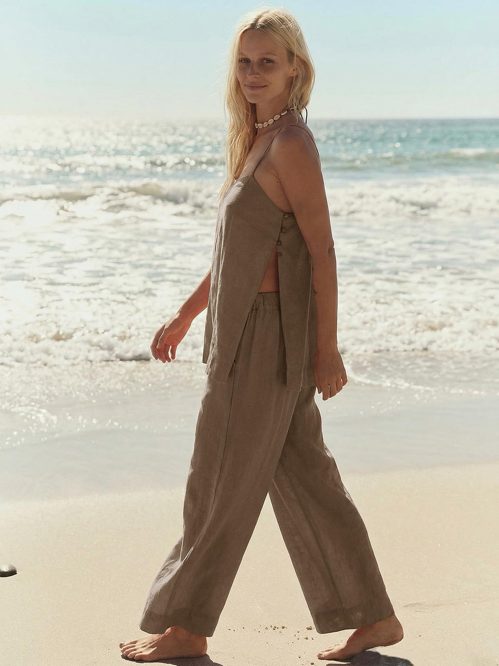 Dokuritu Linen Sets for Women 2 Piece Summer Spaghetti Strap Top Wide Leg Pant Set Beach Vacation Travel Outfits with Pockets