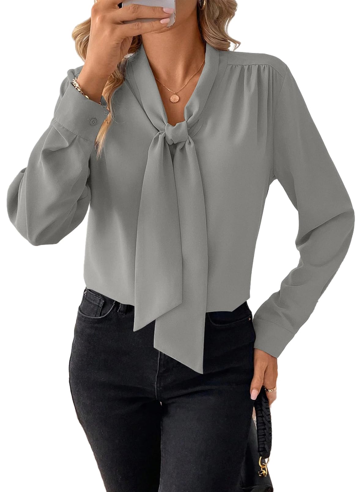 Astylish Women's Bow Tie Neck Tops 2026 Long Sleeve Dressy Loose Casual Elegant Business Work Blouses Shirts
