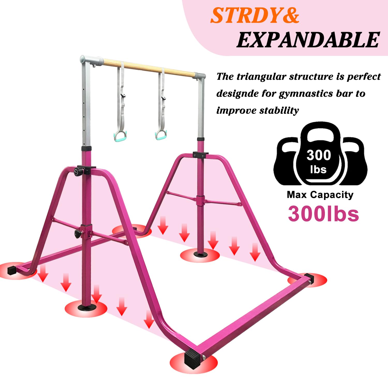 Foldable & Moveable Gymnastics Horizontal Bar with Rings,3’to 5’Adjustable Height Expandable Junior Kip Bar for Home,Indoor Gym Equipment for Kids