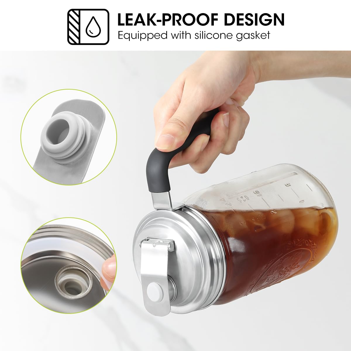 Aieve Stainless Steel Mason Jar Pour Spout Lid, 2 Pack Wide Mouth Mason Jar Pitcher Flip Cap Lids with Handle for Ball Jar Lids (3.38 inch)
