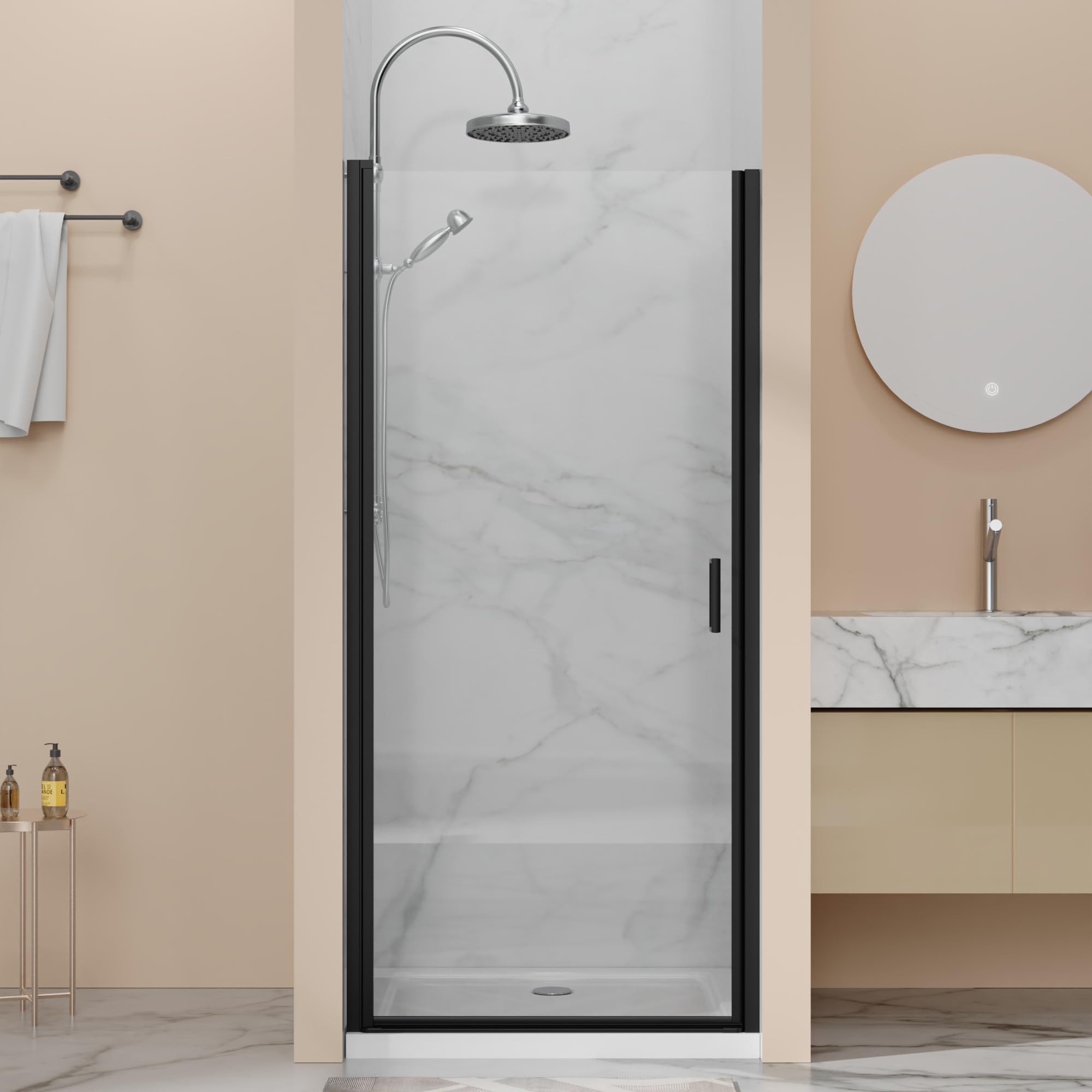 28” x 72” Pivot Shower Door, 1/4 inch Tempered Glass Panel Pivot Swing Shower Door in Matte Black Finish, Semi-Frameless Design