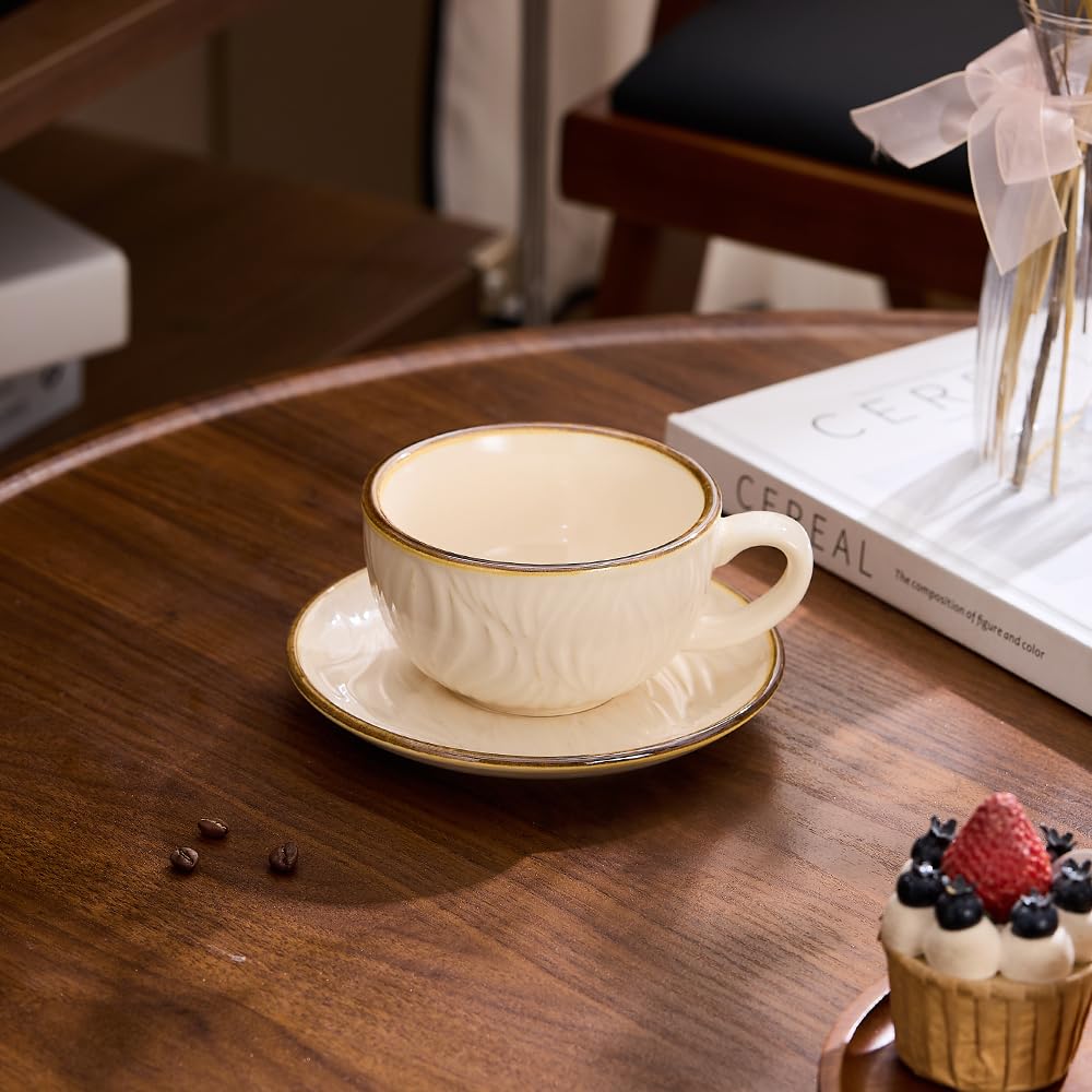 Coffeezone Vintage Design 12 oz Ceramic Latte Art Cappuccino Barista Cup with Saucer (Beige)