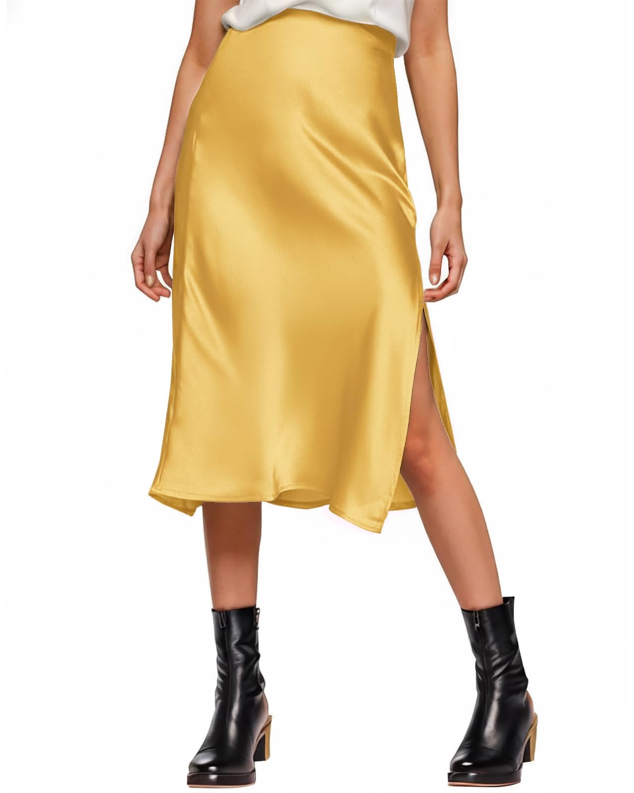 Amy Babe Womens Satin Silk High Waist Slit Midi Skirt Elastic Waistband Midi Skirts for Women