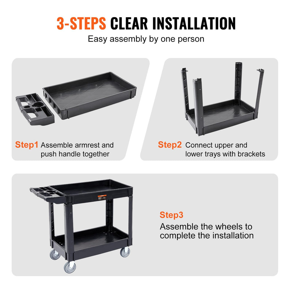 VEVOR Utility Service Cart, 2 Shelf 550LBS Heavy Duty Plastic Rolling Utility Cart, Medium Lipped Shelf, 360° Swivel Wheels, Ergonomic Storage Handle for Warehouse Garage, Black | Heavy Duty Rolling Cart with 360° Swivel Wheels, Medium Lipped Shelf, Ergon