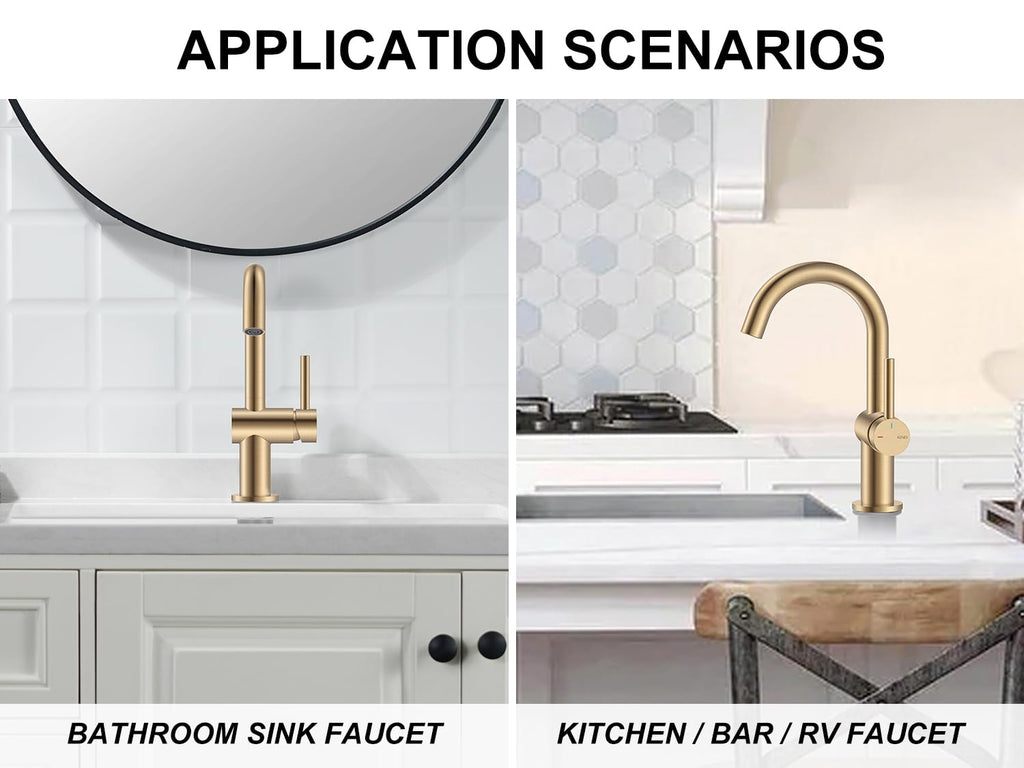 KENES Black and Gold Single Handle Bathroom Sink Faucet, Modern Prep Wet Bar Sink Faucet with Drain Assembly & Deck Plate, Vanity Faucets for Farmhouse RV Camper Utility, KE-9005B-BG