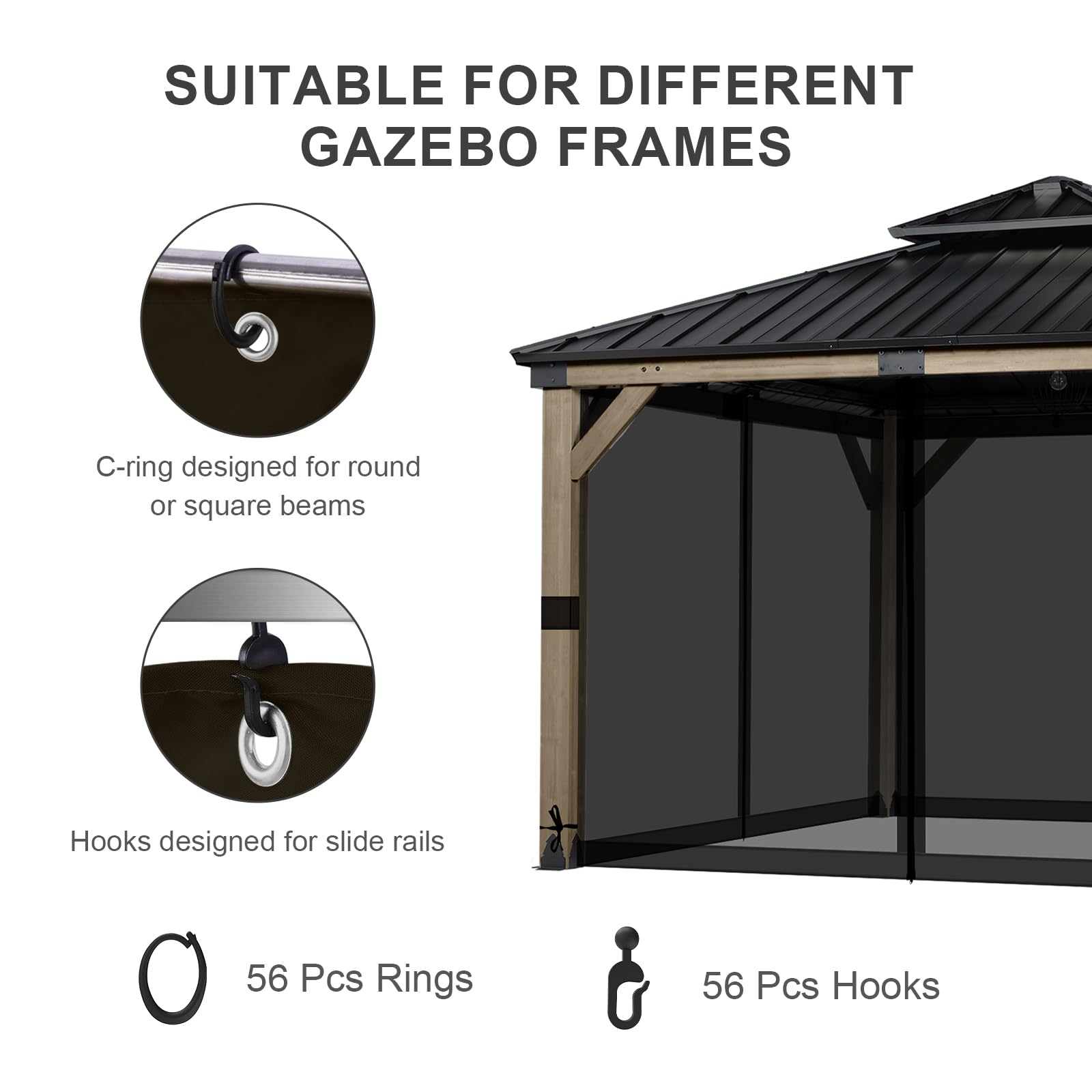 BPS 10' x 10' Gazebo Universal Mosquito Netting Screen Replacement, 4-Panel Mesh Screen Walls with Double Zippers for Outdoor Patio, Khaki (Mosquito Net Only)