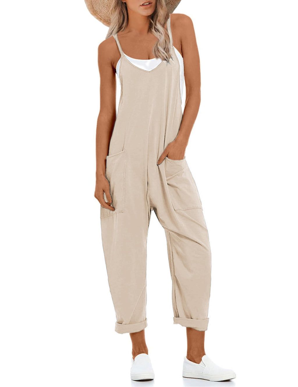 Lentta Women's Causal Jumpsuits V Neck Sleeveless Harem Overalls Stretchy Adjustable Strap Romper with Pockets