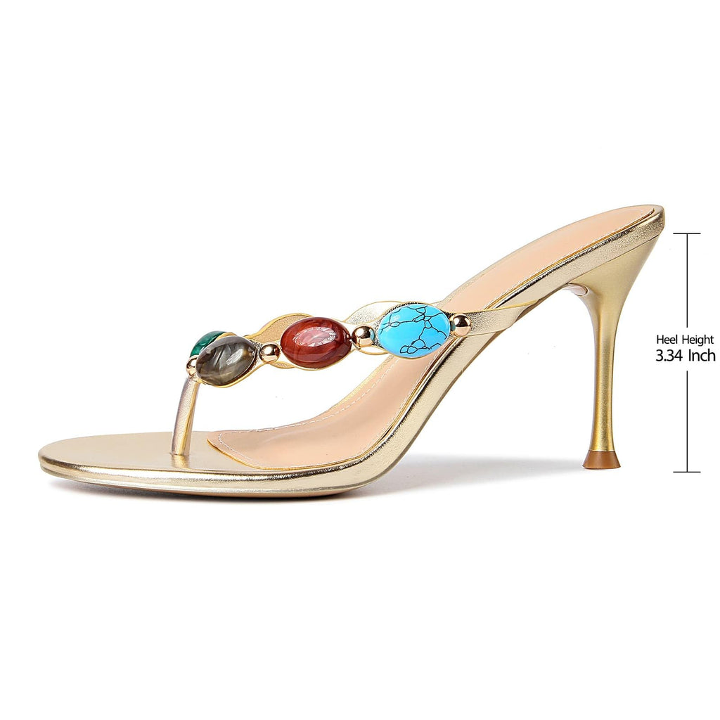 DREAMSTORY Women's Jeweled Thong Strappy Heels Sandals Comfortable Round toe High Heel Dressy Summer Sandals for Wedding Party Beach Flip Flops Slip On Casual Shoes Wear