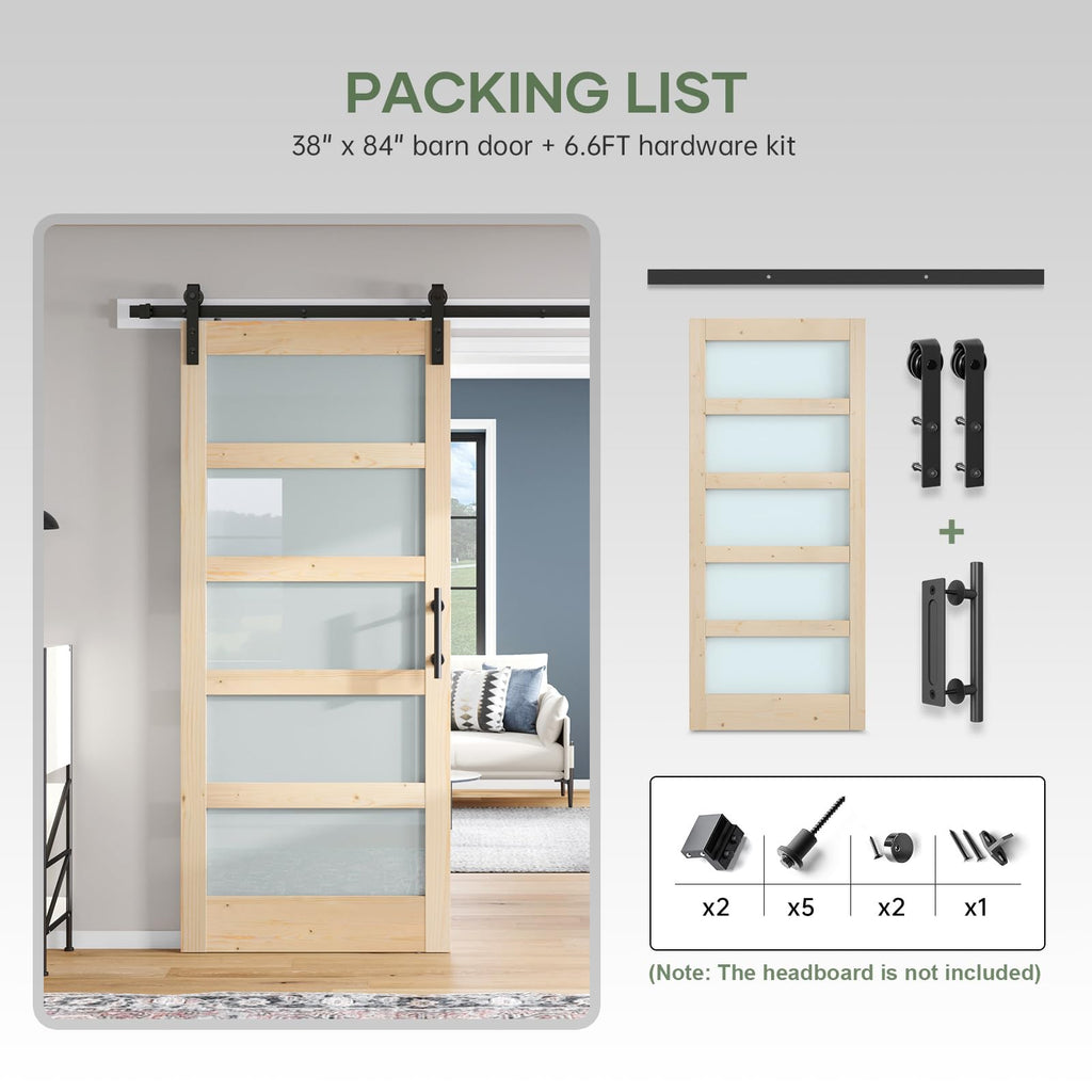 Double 18×84 inch Glass Sliding Barn Door Slab with 6.6ft Hardware Kit Included, 5-Panel Frosted Glass, Spruce Wood Support DIY Dyeing, Easy Assembly