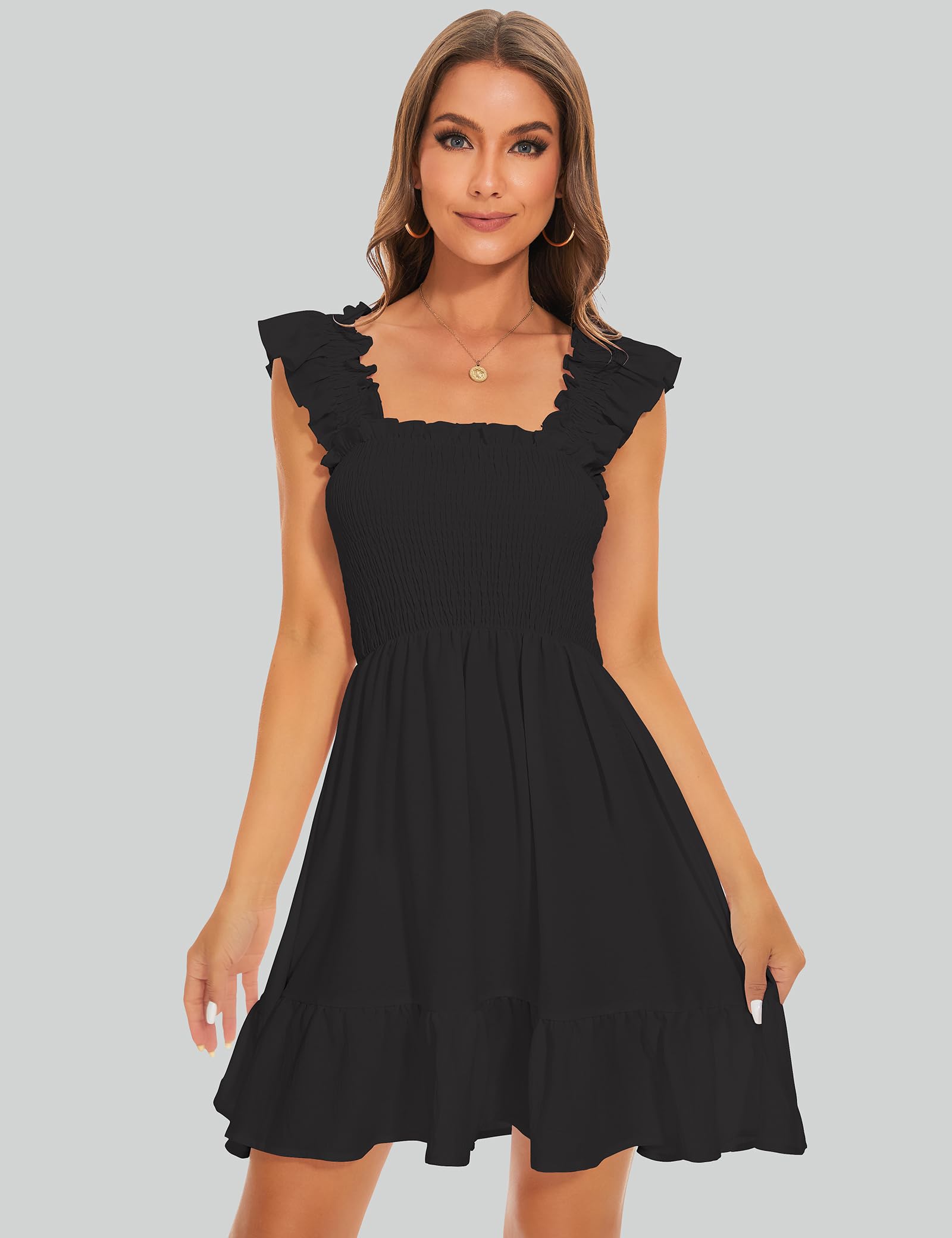 ROYLAMP Women's Smocked Dresses Square Neck Elegant Tiered Boho Ruffle Shoulder Swing Flowy Summer Casual Mini Dress
