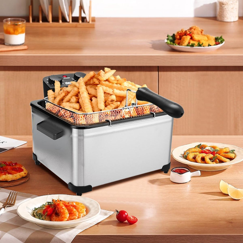 1800W 5 Liters/21 Cups Large Electric Deep Fryer with 3 Frying Baskets, Adjustable Temperature,View Window Lid,Countertop Stainless Steel Body Deep Fryer Pot,Perfect for Kitchen, Fry Fish for Home Use