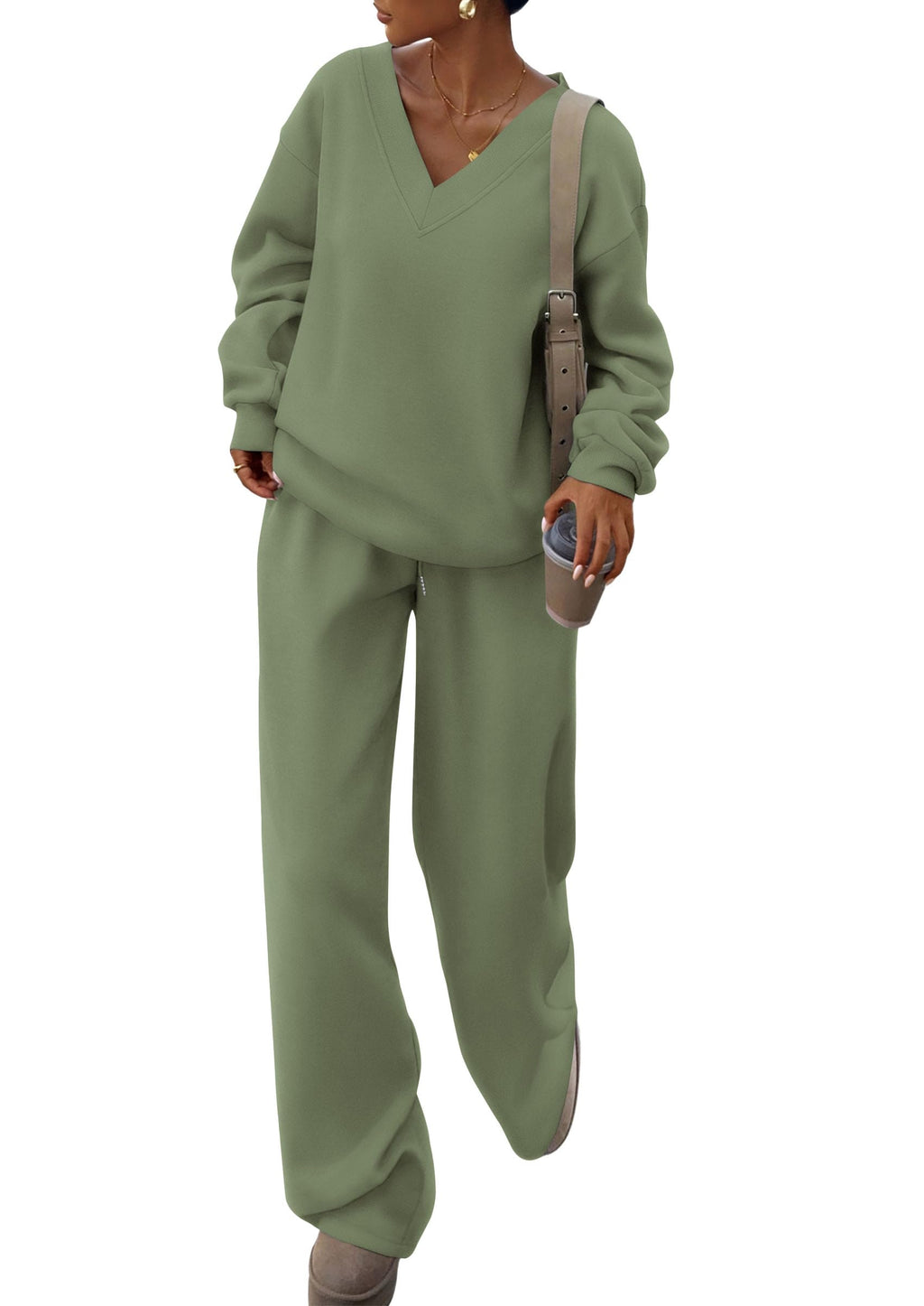 PRETTYGARDEN Casual Winter Two Piece Sets for Women 2026 V Neck Sweatshirt Loose Wide Leg Pants Tracksuit Knit Fall Outfits