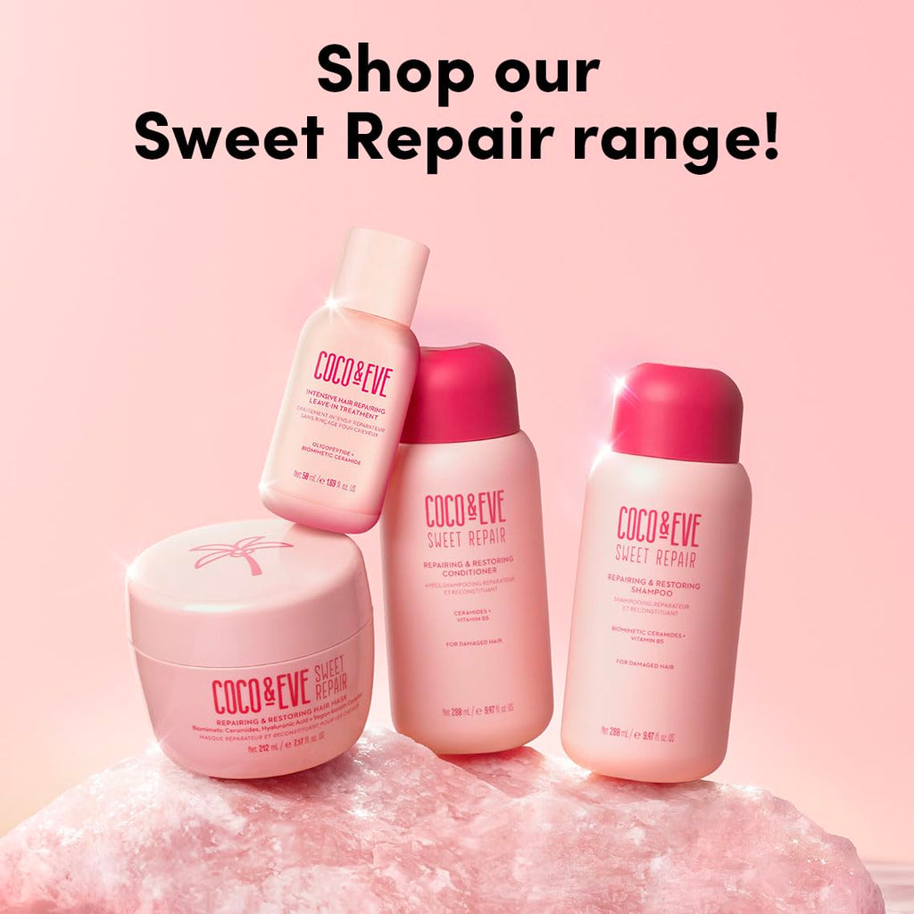 Coco & Eve Sweet Repair Repairing and Restoring Hair Mask. 85% stronger hair, reduce hair damage by 65%. Biomimetic Ceramides, Hyaluronic Acid, Vegan Keratin. Increase Hydration & Shine.