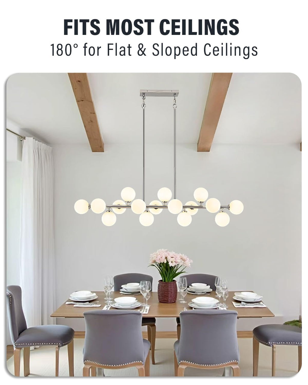 Modern Linear Chandeliers for Dining Room, 8-Light Globe Sputnik Pendant Ceiling Light, Black Dining Room Light Fixture Over Table, Mid Century Glass Milk White Bubble, 31.5 Inch, GC-09